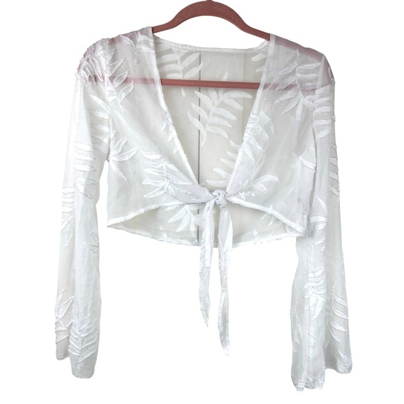 Pool Beach 2-piece sheer white coverup, S, crop top with tie & sarong, Vacation - Picture 2 of 9